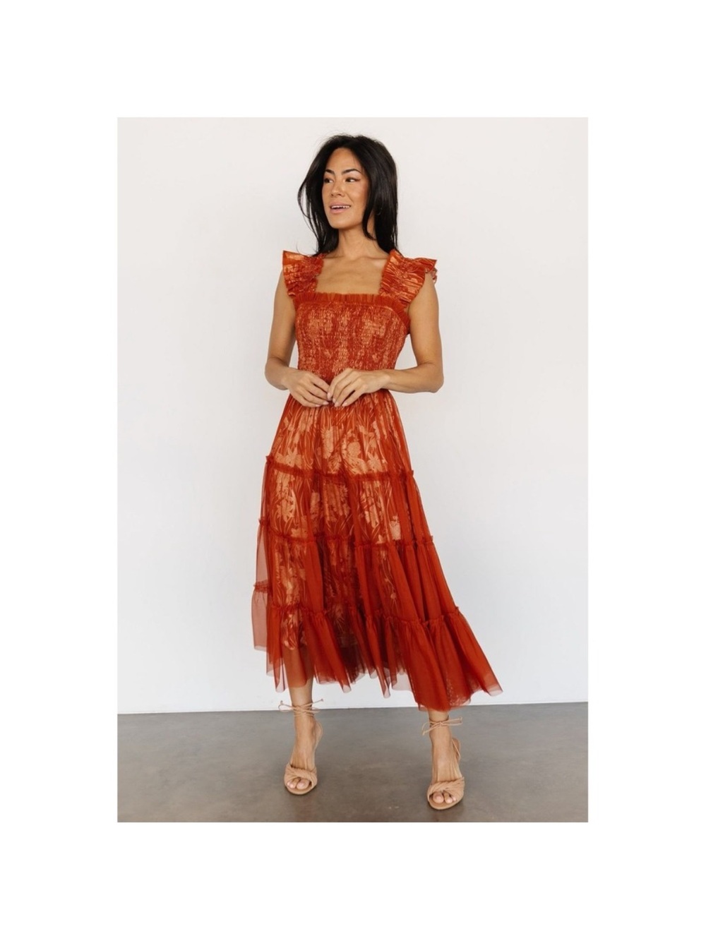 Rust Tiered Midi Dress with Ruffled Shoulders Baltic Born